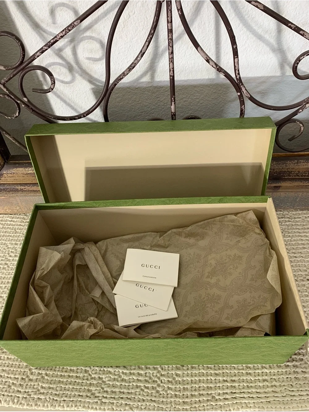 Authentic Gucci Olive Green Embossed Logo Empty Shoe Box, Gift Decor 14.5x8.5x25